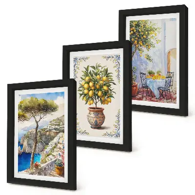 Juego de 3 cuadros decorativos con diseño de vista al mar, limonero y mesa de jardín