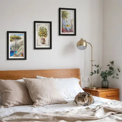 Juego de 3 cuadros decorativos con diseño de vista al mar, limonero y mesa de jardín