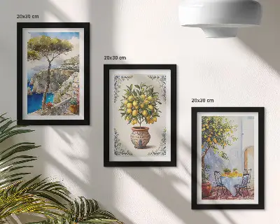 Juego de 3 cuadros decorativos con diseño de vista al mar, limonero y mesa de jardín
