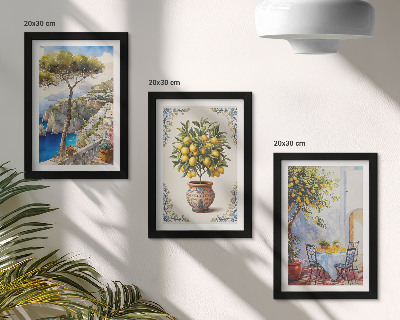 Juego de 3 cuadros decorativos Vista al mar con limonero y mesa de jardín.