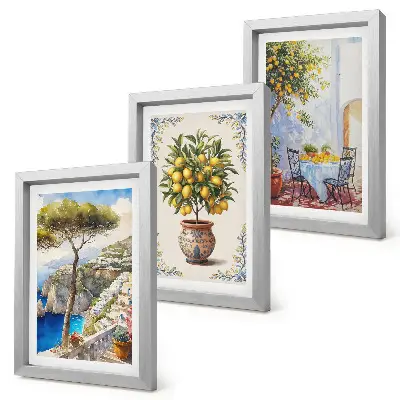Juego de 3 cuadros decorativos con diseño de vista al mar, limonero y mesa de jardín