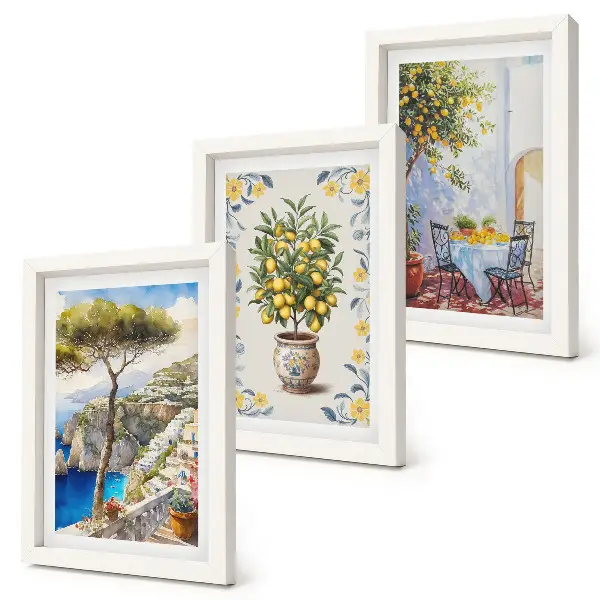 Juego de 3 cuadros decorativos con vista al mar y limoneros de estilo italiano