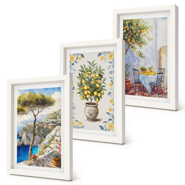 Juego de 3 cuadros decorativos Vista al mar con limoneros y pinturas italianas.