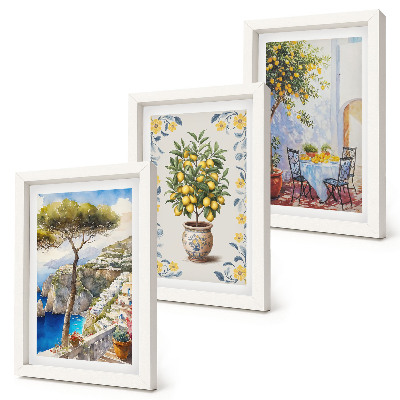 Juego de 3 cuadros decorativos Vista al mar con limoneros y pinturas italianas.