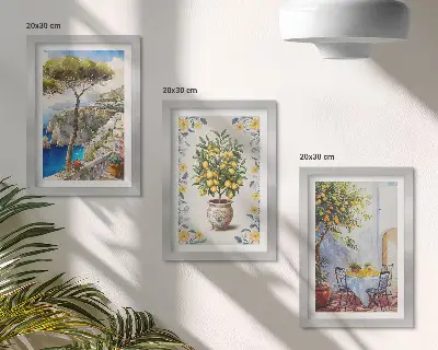 Juego de 3 cuadros decorativos con vista al mar y limoneros de estilo italiano