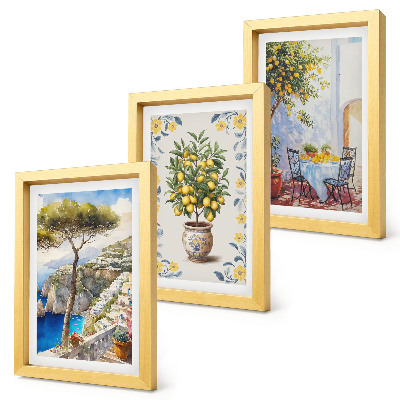 Juego de 3 cuadros decorativos Vista al mar con limoneros y pinturas italianas.