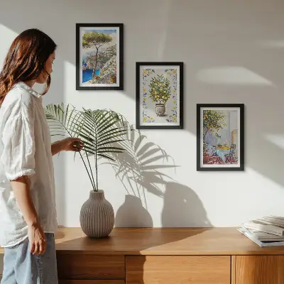 Juego de 3 cuadros decorativos con vista al mar y limoneros de estilo italiano