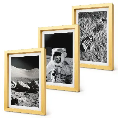 Tríptico enmarcado de fotos de la Luna con un astronauta y su huella