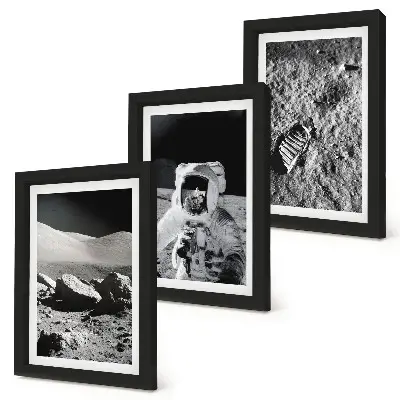 Tríptico enmarcado de fotos de la Luna con un astronauta y su huella