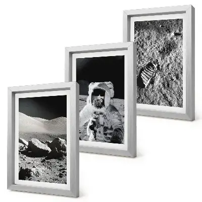 Tríptico enmarcado de fotos de la Luna con un astronauta y su huella