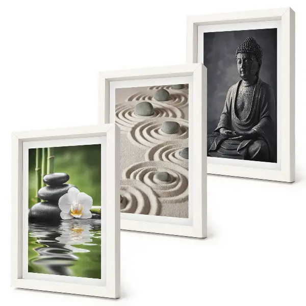 Juego de 3 cuadros decorativos con vista relajante de Buda, piedras en la playa y bambú