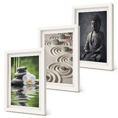 Juego de 3 cuadros decorativos Vista relajante de Buda, piedras en la playa y bambú.