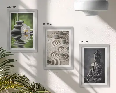Juego de 3 cuadros decorativos con vista relajante de Buda, piedras en la playa y bambú