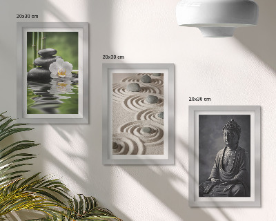 Juego de 3 cuadros decorativos Vista relajante de Buda, piedras en la playa y bambú.