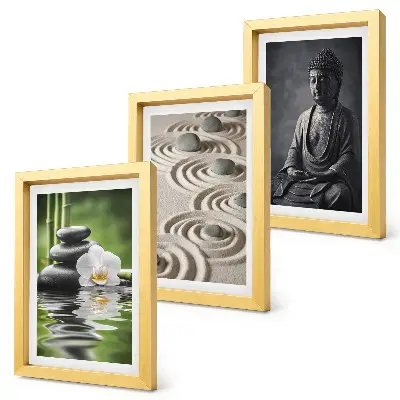 Juego de 3 cuadros decorativos con vista relajante de Buda, piedras en la playa y bambú
