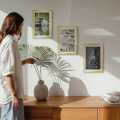 Juego de 3 cuadros decorativos con vista relajante de Buda, piedras en la playa y bambú