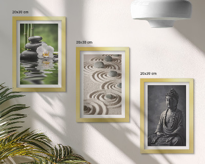 Juego de 3 cuadros decorativos Vista relajante de Buda, piedras en la playa y bambú.
