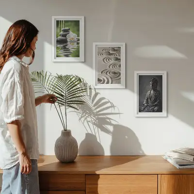 Juego de 3 cuadros decorativos con vista relajante de Buda, piedras en la playa y bambú