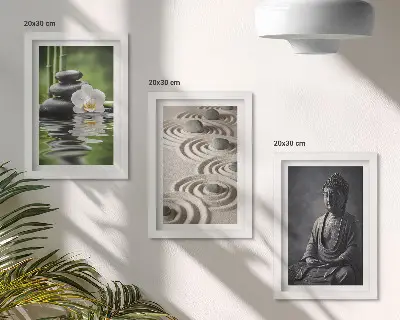 Juego de 3 cuadros decorativos con vista relajante de Buda, piedras en la playa y bambú