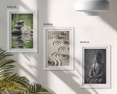 Juego de 3 cuadros decorativos Vista relajante de Buda, piedras en la playa y bambú.