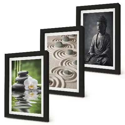 Juego de 3 cuadros decorativos con vista relajante de Buda, piedras en la playa y bambú