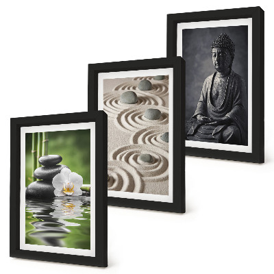 Juego de 3 cuadros decorativos Vista relajante de Buda, piedras en la playa y bambú.