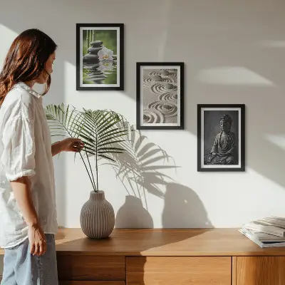 Juego de 3 cuadros decorativos con vista relajante de Buda, piedras en la playa y bambú