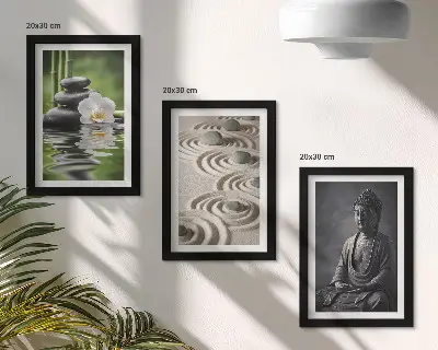 Juego de 3 cuadros decorativos con vista relajante de Buda, piedras en la playa y bambú