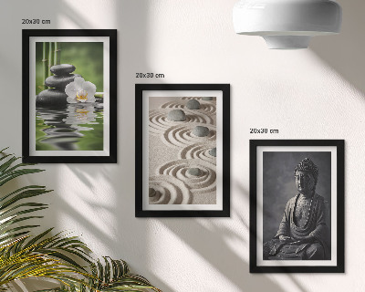 Juego de 3 cuadros decorativos Vista relajante de Buda, piedras en la playa y bambú.