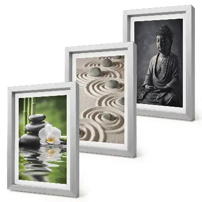 Juego de 3 cuadros decorativos con vista relajante de Buda, piedras en la playa y bambú