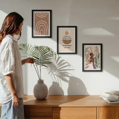 Tríptico enmarcado con diseños elegantes de motivos vegetales y formas geométricas