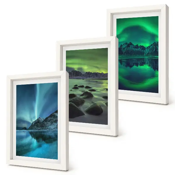Juego de 3 cuadros decorativos con diseño de paisaje invernal de montañas y auroras boreales