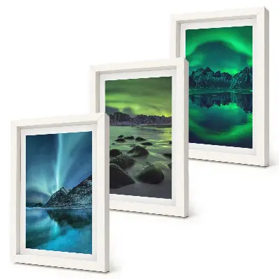 Juego de 3 cuadros decorativos con diseño de paisaje invernal de montañas y auroras boreales
