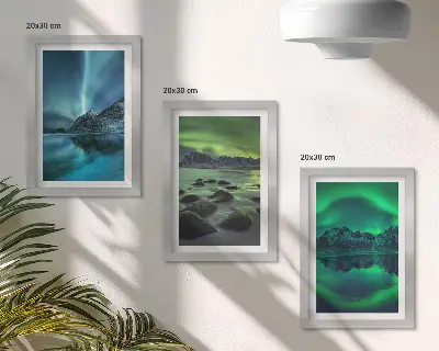Juego de 3 cuadros decorativos con diseño de paisaje invernal de montañas y auroras boreales