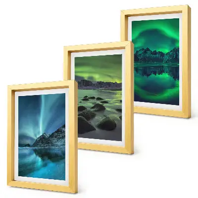 Juego de 3 cuadros decorativos con diseño de paisaje invernal de montañas y auroras boreales