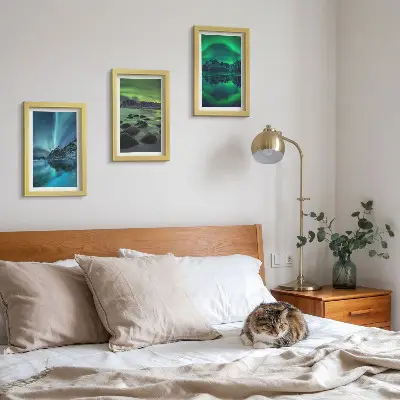 Juego de 3 cuadros decorativos con diseño de paisaje invernal de montañas y auroras boreales