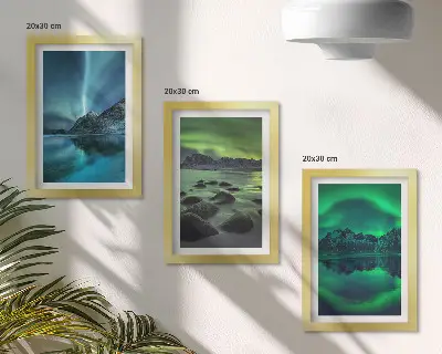Juego de 3 cuadros decorativos con diseño de paisaje invernal de montañas y auroras boreales