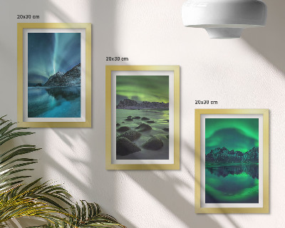 Juego de 3 cuadros decorativos Paisaje invernal con auroras boreales y montañas