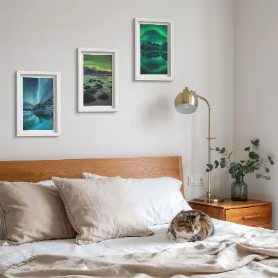 Juego de 3 cuadros decorativos con diseño de paisaje invernal de montañas y auroras boreales