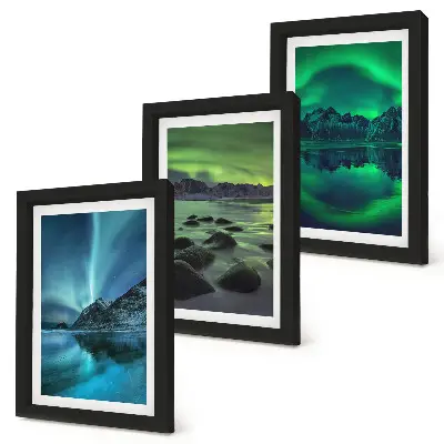 Juego de 3 cuadros decorativos con diseño de paisaje invernal de montañas y auroras boreales