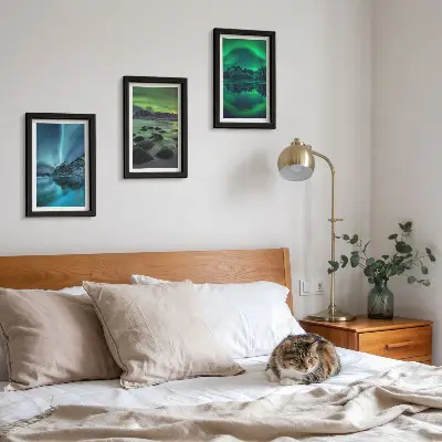 Juego de 3 cuadros decorativos con diseño de paisaje invernal de montañas y auroras boreales