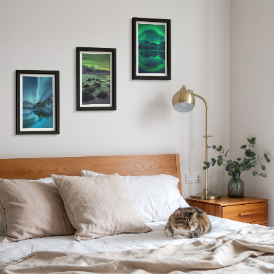 Juego de 3 cuadros decorativos Paisaje invernal con auroras boreales y montañas