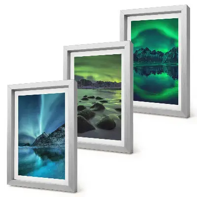 Juego de 3 cuadros decorativos con diseño de paisaje invernal de montañas y auroras boreales