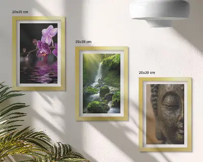 Tríptico de flores en la cascada con rocas verdes Buda cuadro enmarcado