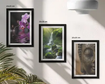 Tríptico de flores en la cascada con rocas verdes Buda cuadro enmarcado