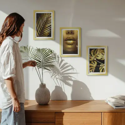 Juego de 3 cuadros decorativos con diseño de hojas de palma, rostro de mujer y hojas de monstera
