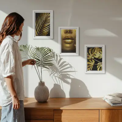 Juego de 3 cuadros decorativos con diseño de hojas de palma, rostro de mujer y hojas de monstera