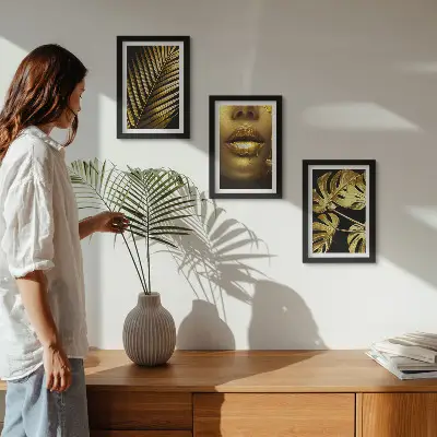 Juego de 3 cuadros decorativos con diseño de hojas de palma, rostro de mujer y hojas de monstera