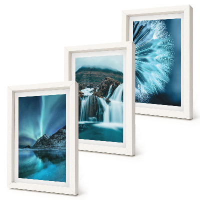Juego de 3 cuadros decorativos Paisajes invernales con cascadas y auroras boreales.