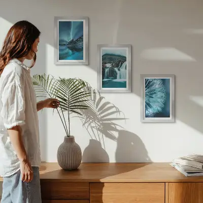 Juego de 3 cuadros decorativos con paisajes invernales de cascadas y auroras boreales